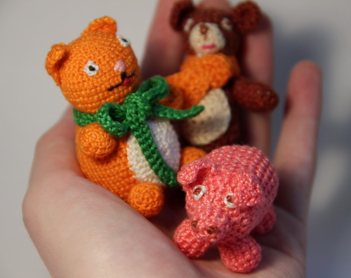 Японские маленькие вязаные крючком игрушки амигуруми - кот, поросёнок, мишка