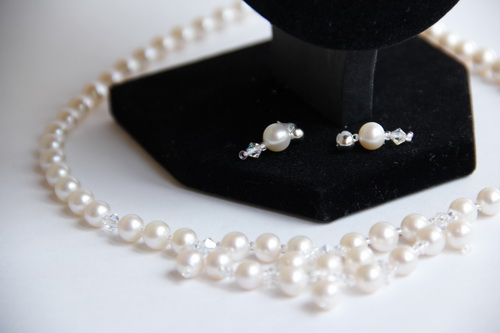 Элегантное свадебное ожерелье и серьги из натурального жемчуга, бисера и кристаллов Swarovski
